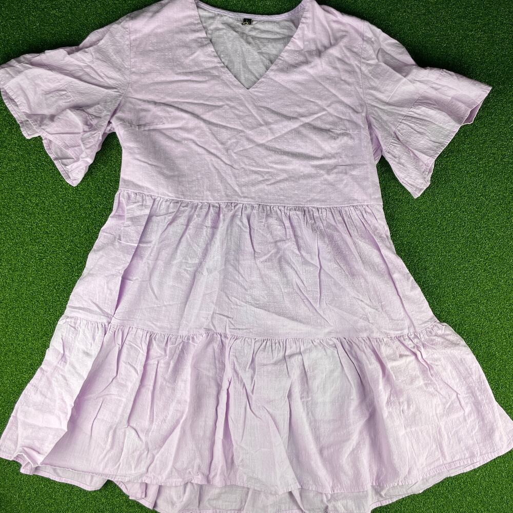 Fancyinn Pink Flutter Sleeve V Neck Tiered Sweet Shift Tunic Mini Dress Sz L